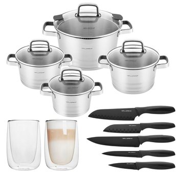 Komplet garnków nierdzewnych Smart 1,5 l i 2 l i 2,5 l 4,5 l + szklanki termiczne  Malachit 250 m + zestaw noży Verio Carf