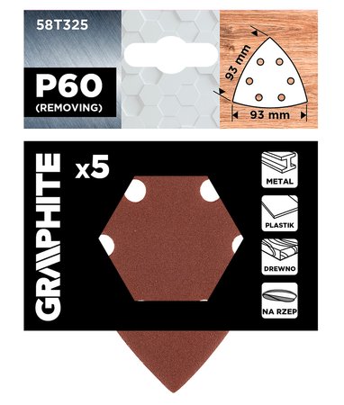 Papiery ścierne delta na rzep 93 x 93 mm, P60, 5 szt., z 6 otworami