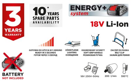 Opalarka akumulatorowa Energy+ 18V, Li-Ion, zakres temperatur 550oC, bez akumulatora
