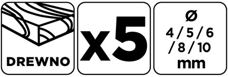 Zestaw wierteł do drewna: 4, 5, 6, 8, 10 mm, 5 szt.