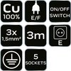 Przedłużacz listwowy 3m, 3x1.5mm2, 5G, biały, ON/OFF