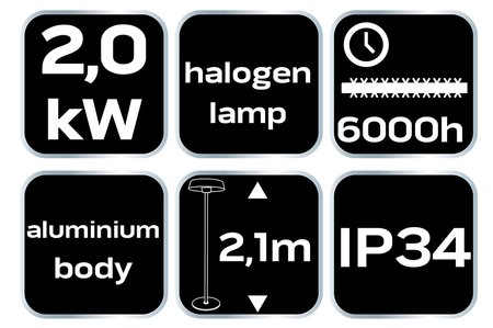 Promiennik stojący 1000W/2000W, aluminiowy, IP34, element grzejny halogen lamp, wysokość 2.1 m, bez pilota