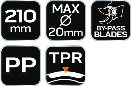 Sekator by-pass 210 mm, zakres do 20 mm, materiał: PP, uchwyt pokryty gumą TPR