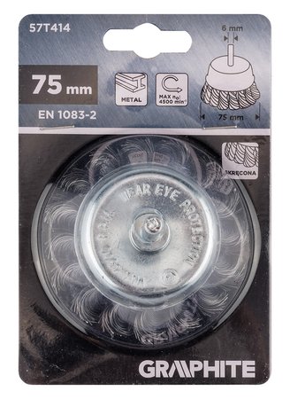 Szczotka druciana doczołowa 75 mm, drut skręcony, stalowy, z trzpieniem 6 mm