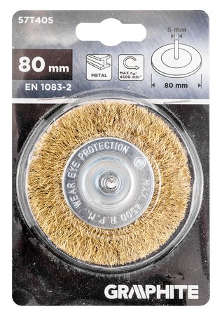 Szczotka druciana tarczowa 80 mm, drut karbowany, mosiądzowany, z trzpieniem 6 mm