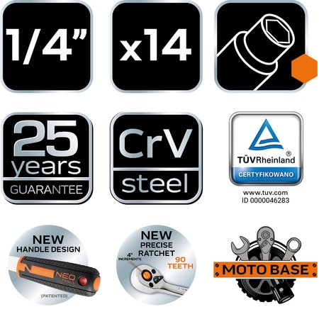 Klucze nasadowe 1/4", zestaw 14 szt.