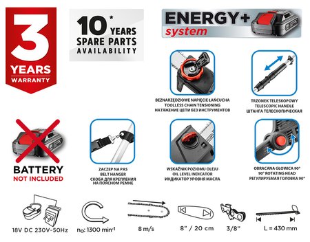 Urządzenie ogrodowe na wysięgniku 2w1 - pilarka i nożyce do żywopłotu Energy+ 18V, bez akumulatora
