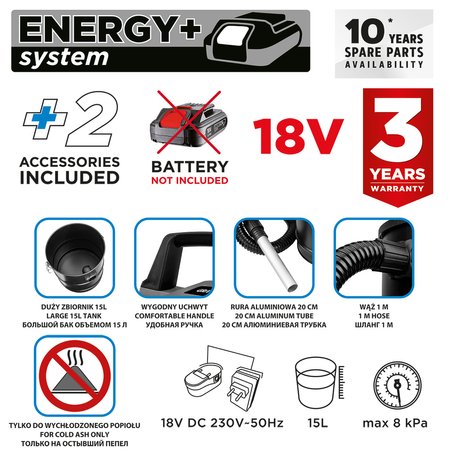Odkurzacz do popiołu Energy+ 18V Li-lon, zbiornik 15L, bez akumulatora
