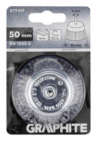 Szczotka druciana doczołowa 50 mm, drut karbowany, stalowy, z trzpieniem 6 mm