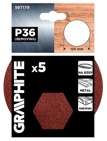 Krążki ścierne na rzep 125 mm, P36, 5 szt., bez otworów