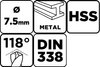 Wiertło do metalu HSS, DIN 338, 7.5 mm