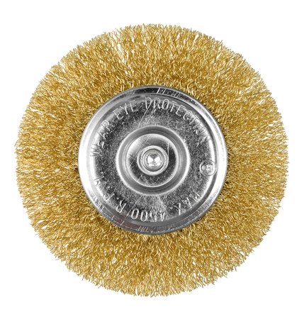 Szczotka druciana tarczowa 100 mm, drut karbowany, mosiądzowany, z trzpieniem 6 mm