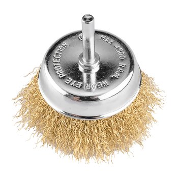 Szczotka druciana doczołowa 75 mm, drut karbowany, mosiądzowany, z trzpieniem 6 mm