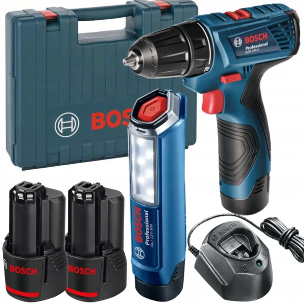 Bosch GSR 120-LI Professional wiertarko-wkrętarka 12 V 2×2,0 Ah + lampa GLI 12V-300 Bosch GSR 120-LI Professional wiertarko-wkrętarka 12 V 2×2,0 Ah + lampa GLI 12V-300