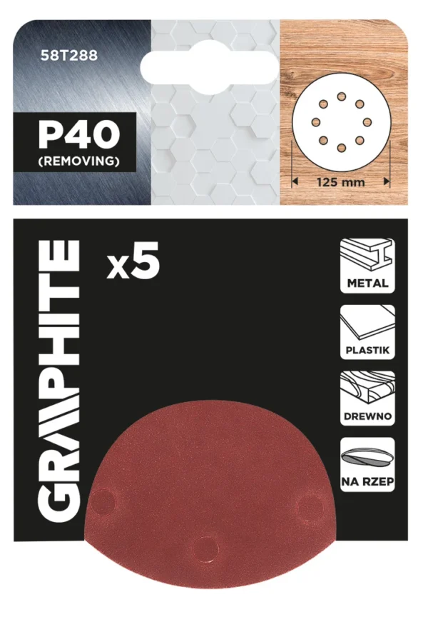 GRAPHITE krążki ścierne na rzep 125 mm P40 5 szt. 8 otworów