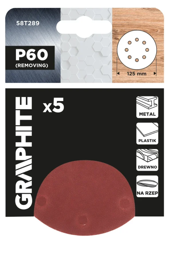 GRAPHITE krążki ścierne na rzep 125 mm P60 5 szt. 8 otworów GRAPHITE krążki ścierne na rzep 125 mm P60 5 szt. 8 otworów