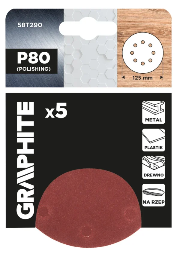 GRAPHITE krążki ścierne na rzep 125 mm P80 5 szt. 8 otworów GRAPHITE krążki ścierne na rzep 125 mm P80 5 szt. 8 otworów