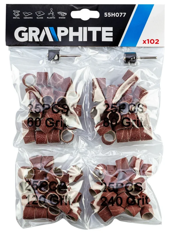 GRAPHITE taśmy szlifierskie 12,7 mm K60/K80/K120/K240 zestaw 100 szt. + trzpień 3,2 mm 2 szt. GRAPHITE taśmy szlifierskie 12,7 mm K60/K80/K120/K240 zestaw 100 szt. + trzpień 3,2 mm 2 szt.