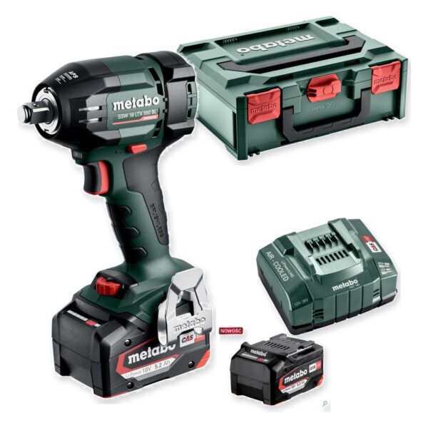 Metabo SSW 18 LTX 550 BL klucz udarowy 18 V 550 Nm 2×5,2 Ah metaBOX – zawartość zestawu Metabo SSW 18 LTX 550 BL klucz udarowy 18 V 550 Nm 2×5,2 Ah metaBOX – zestaw: narzędzie, akumulatory, ładowarka