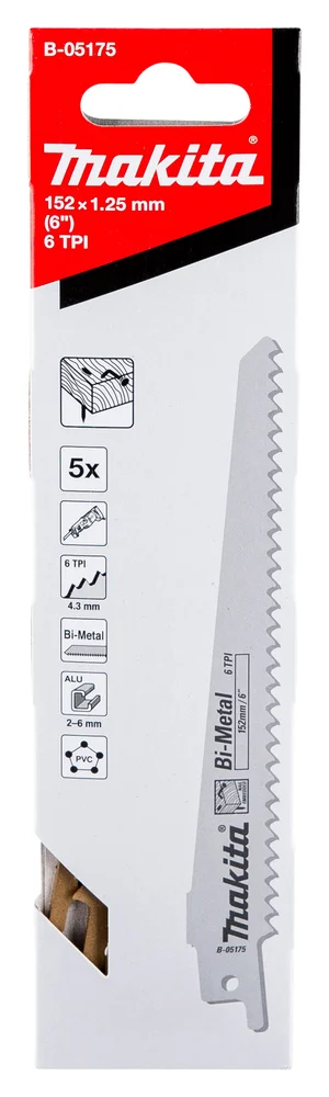 Makita B-05175 brzeszczot do pił szablastych BIM 152×1,25 mm /5szt. drewno z gwoździami