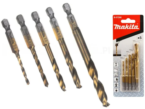 Makita B-57308 zestaw wierteł do metalu HSS-TiN 1/4" HEX /5szt Makita B-57308 zestaw wierteł do metalu HSS-TiN 1/4" HEX /5szt