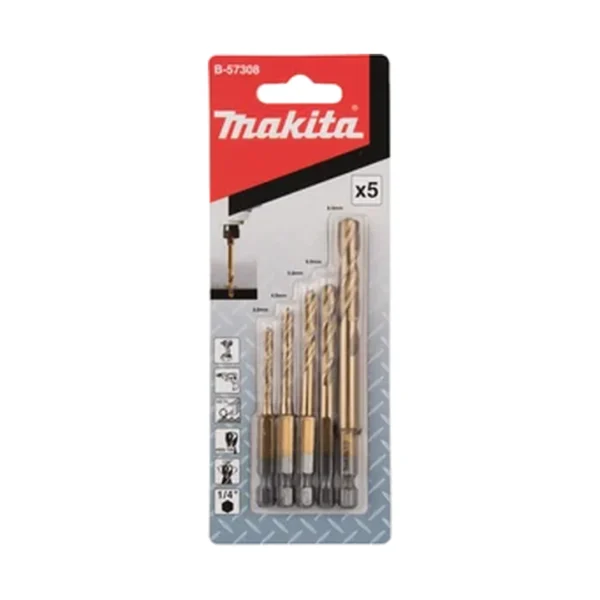 Makita B-57308 zestaw wierteł do metalu HSS-TiN 1/4" HEX /5szt Makita B-57308 zestaw wierteł do metalu HSS-TiN 1/4" HEX /5szt