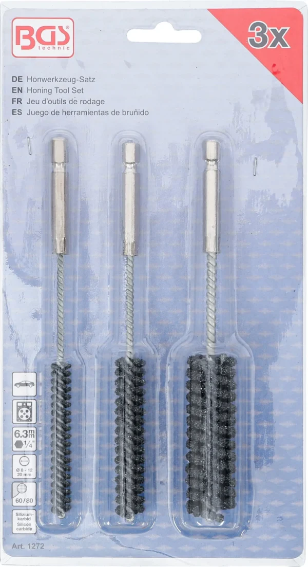BGS 1272 zestaw narzędzi do honowania, elastyczne, chwyt sześciokątny 6,3 mm (1/4"), uziarnienie 60 / 80, 8–12–20 mm, 3 szt.