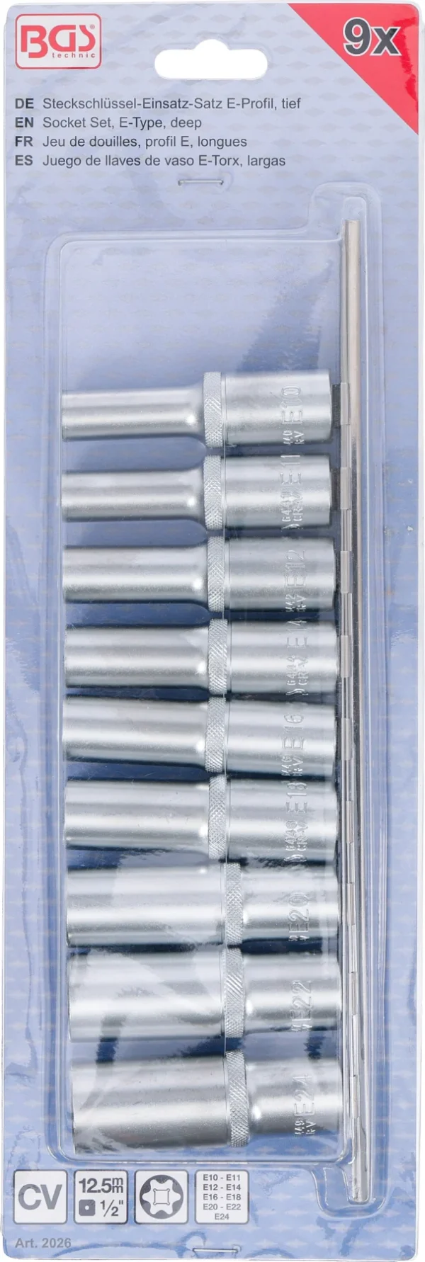 BGS 2026 zestaw nasadek profil E, głębokich, 12,5 mm (1/2"), E10 - E24, 9 szt.