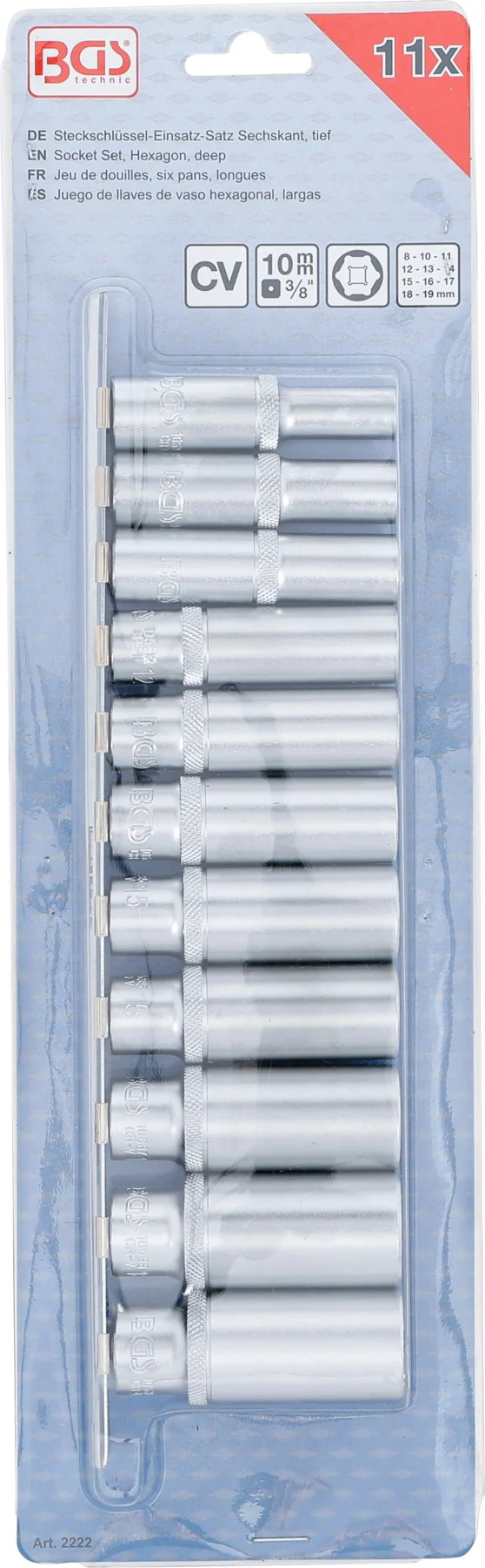 BGS 2222 zestaw nasadek sześciokątnych, głębokich, 10 mm (3/8"), 8–19 mm, 11 szt.