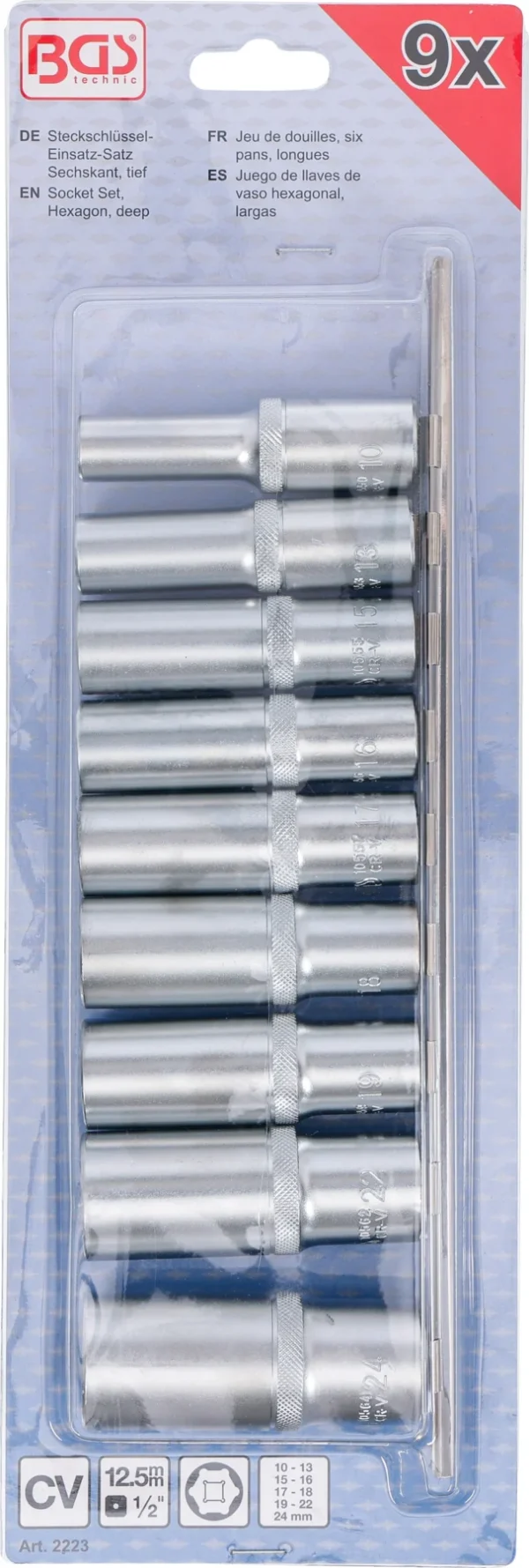 BGS 2223 zestaw nasadek sześciokątnych, głębokich, 12,5 mm (1/2"), 10–24 mm, 9 szt.