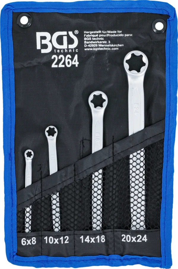 BGS 2264 zestaw kluczy oczkowych dwustronnych z profilami E, E6 x E8–E20 x E24, 4 szt.