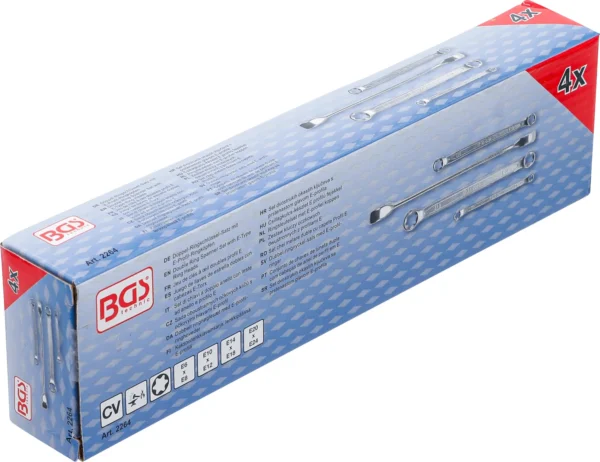BGS 2264 zestaw kluczy oczkowych dwustronnych z profilami E, E6 x E8–E20 x E24, 4 szt.