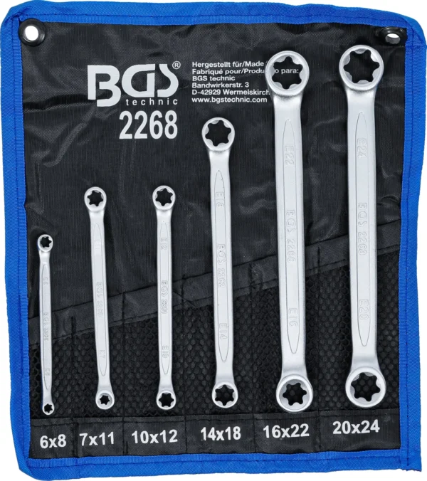 BGS 2268 zestaw kluczy oczkowych dwustronnych z profilami E, E6 x E8–E20 x E24, 6 szt.