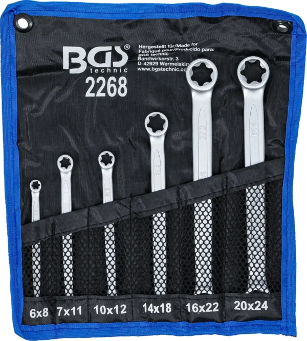 BGS 2268 zestaw kluczy oczkowych dwustronnych z profilami E, E6 x E8–E20 x E24, 6 szt.