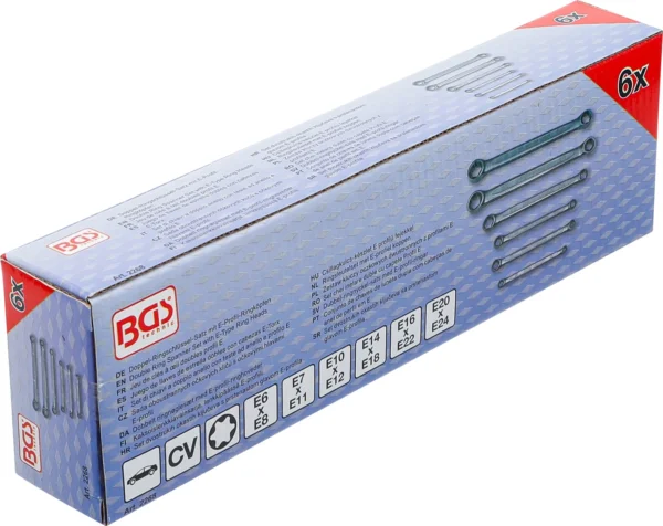 BGS 2268 zestaw kluczy oczkowych dwustronnych z profilami E, E6 x E8–E20 x E24, 6 szt.