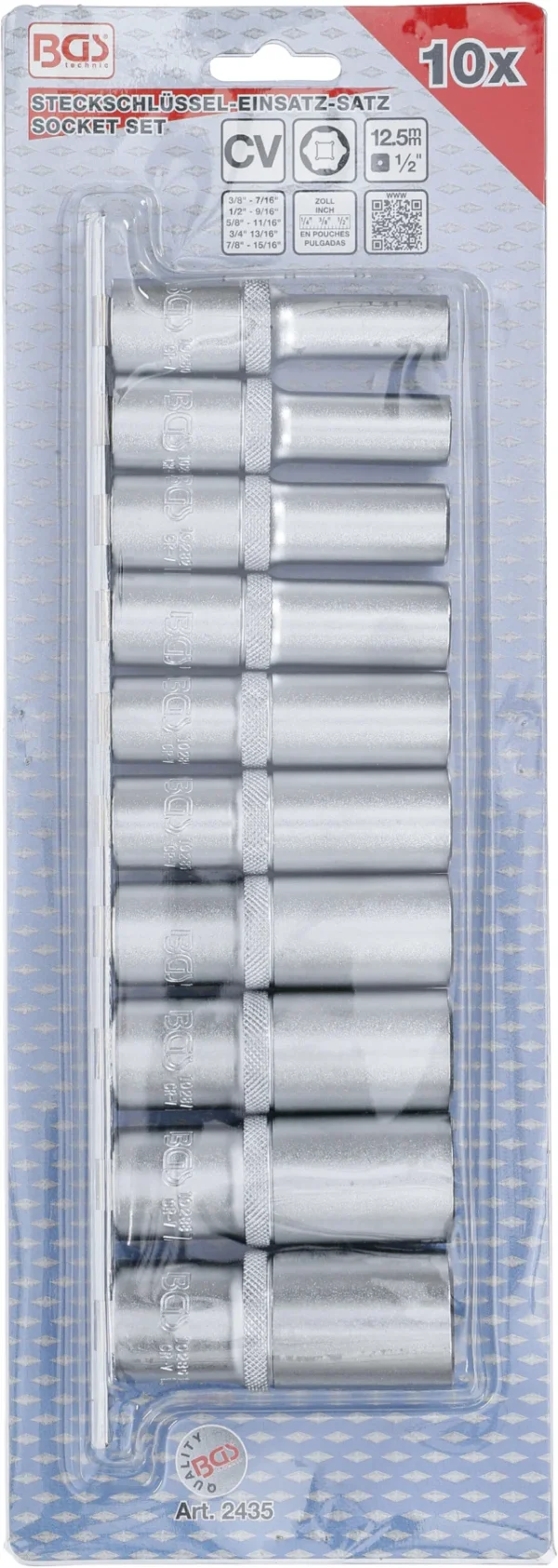 BGS 2435 zestaw nasadek sześciokątnych, głębokich, 12,5 mm (1/2"), calowe, 10 szt.