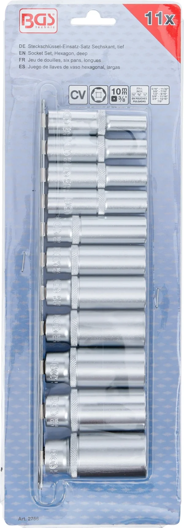 BGS 2756 zestaw nasadek sześciokątnych, głębokich, 10 mm (3/8"), calowe, 11 szt.