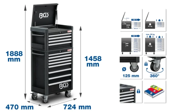 BGS 4088 profesjonalny wózek warsztatowy Standard Maxi, 12 szuflad, z 263 narzędziami