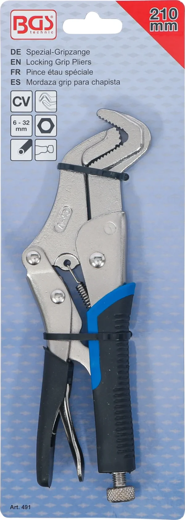 BGS 491 specjalne szczypce samozaciskowe, kształt kła, 210 mm, 6–32 mm