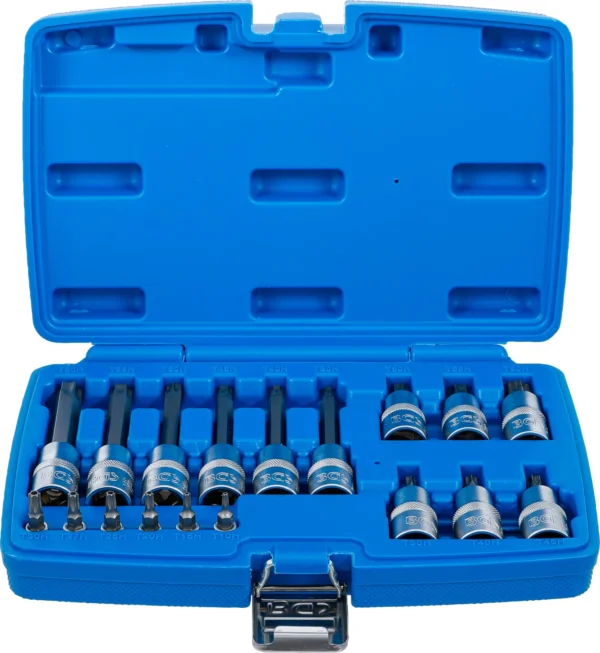 BGS 5174 zestaw nasadek do bitów, 6,3 mm (1/4") / 12,5 mm (1/2"), profil T (do Torx) z otworem, 18 szt.