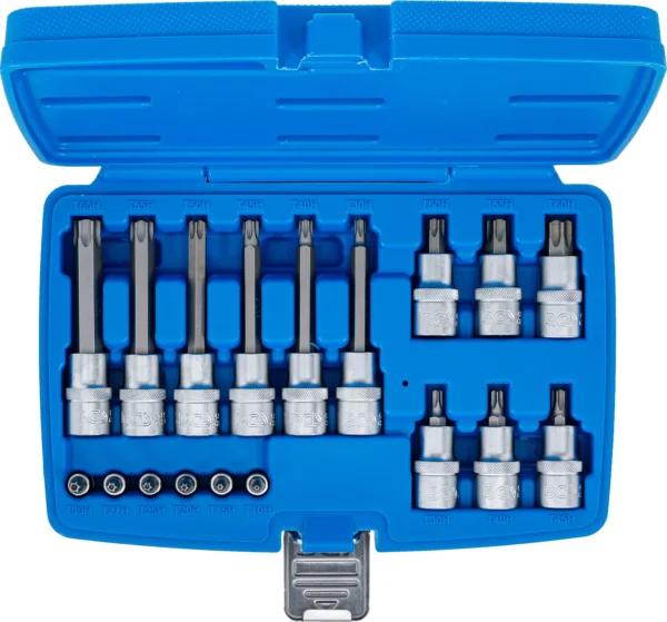 BGS 5174 zestaw nasadek do bitów, 6,3 mm (1/4") / 12,5 mm (1/2"), profil T (do Torx) z otworem, 18 szt.