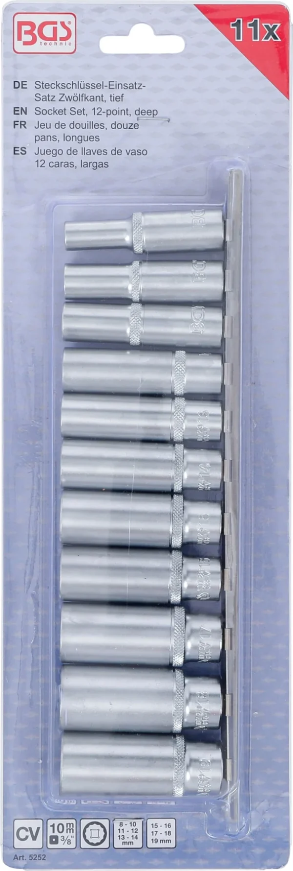 BGS 5252 zestaw nasadek dwunastokątnych, głębokich, 10 mm (3/8"), 8–19 mm, 11 szt.