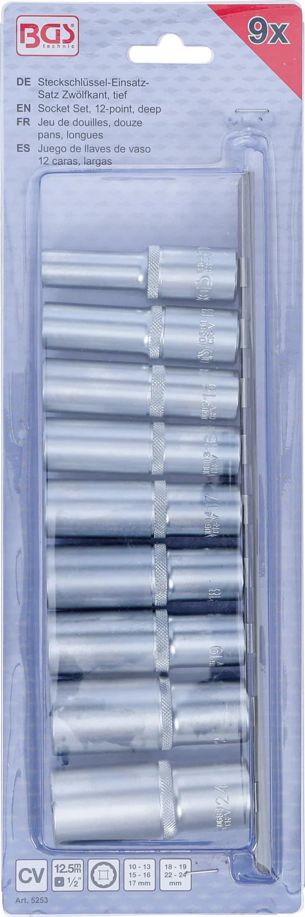 BGS 5253 zestaw nasadek dwunastokątnych, głębokich, 12,5 mm (1/2"), 10–24 mm, 9 szt.