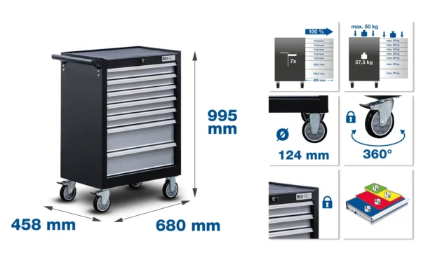 BGS 6076 wózek warsztatowy, 7 szuflad, zestawy blokad rozrządu, 223 szt.