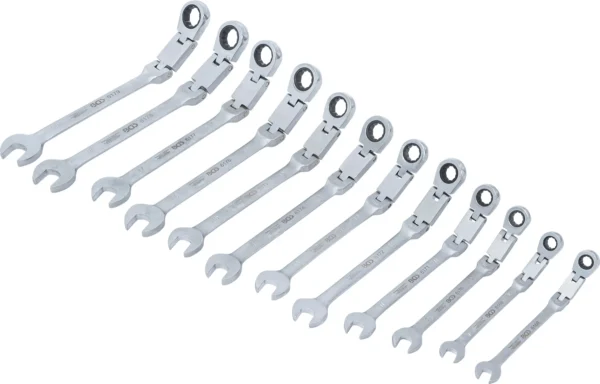 BGS 6180 zestaw kluczy płasko-oczkowych z grzechotką o podwójnym przegubie, łamany, 8–19 mm, 12 szt.