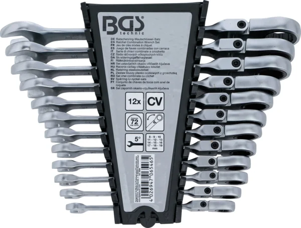 BGS 6546 zestaw kluczy płasko-oczkowych z grzechotką, łamany, 8–19 mm, 12 szt.
