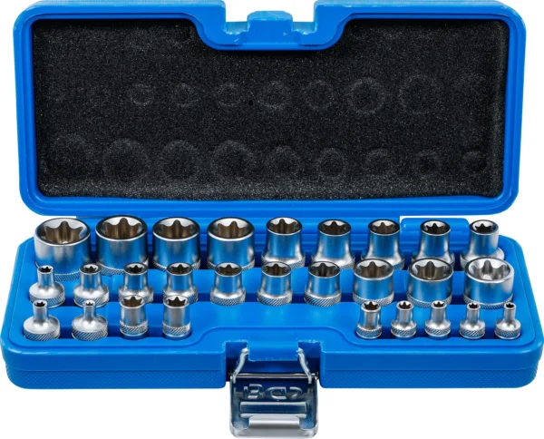 BGS 70099 zestaw nasadek, profil E, 6,3 mm (1/4") / 12,5 mm (1/2"), E4–E24, 28 szt.