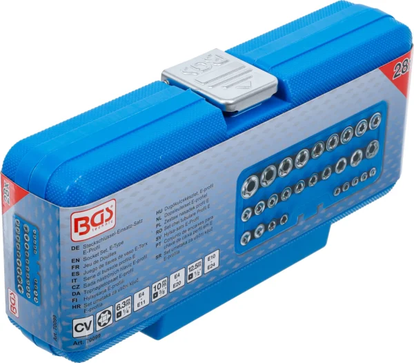 BGS 70099 zestaw nasadek, profil E, 6,3 mm (1/4") / 12,5 mm (1/2"), E4–E24, 28 szt.