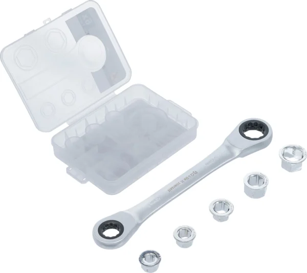 BGS 71016 klucz oczkowy z grzechotką z zestawem adapterów, 8–19 mm, 6 szt.