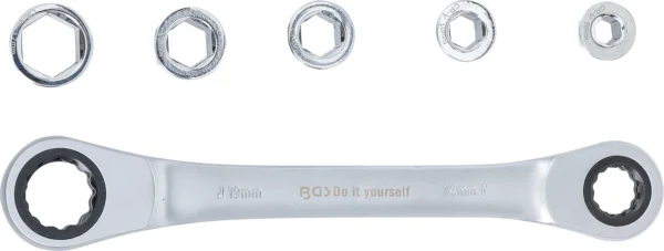 BGS 71016 klucz oczkowy z grzechotką z zestawem adapterów, 8–19 mm, 6 szt.